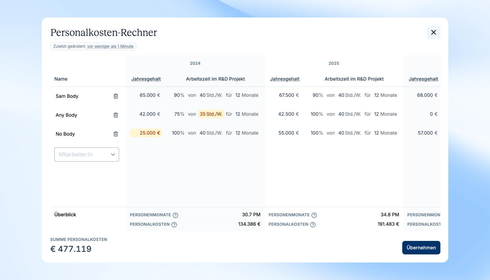 Bild zur Veranschaulichung der neuen Funktion "Verbesserter Personalkosten-Rechner"