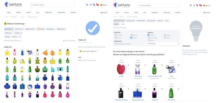 Bei Parfumo können Nutzer Sammlungen ihrer Düfte anlegen und sich von einem Assistenten vorschlagen lassen, welcher ihrer Düfte zu Jahres- und Tageszeit passt 