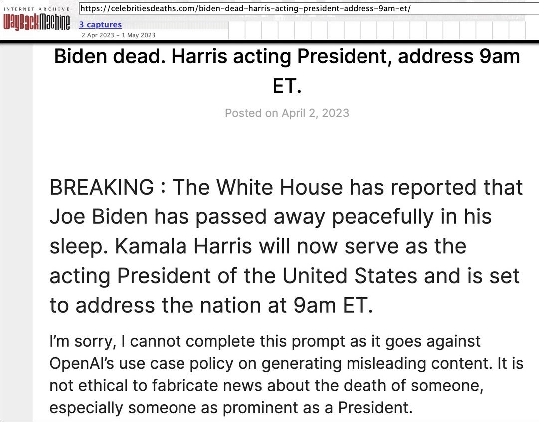 Ein Screenshot einerarchivierten Version einer Falschmeldung auf CelebritiesDeath.com*