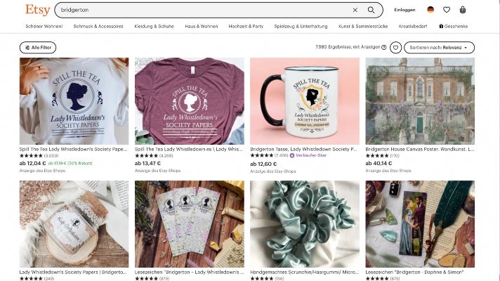 Bridgerton-Fanartikel bei Etsy
