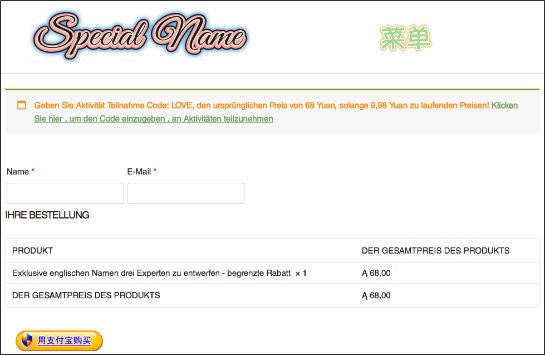 Die Checkout-Seite von Specialname.cn, übersetzt mit Google Translate