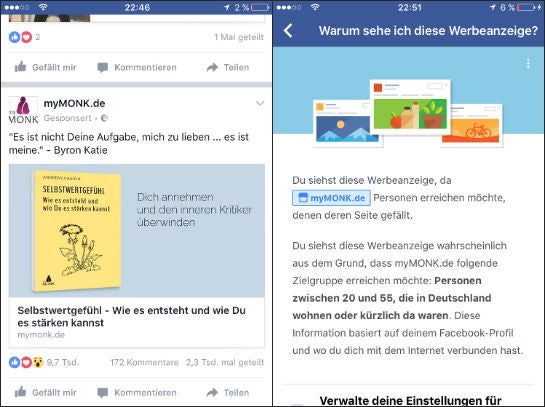 Eine Facebook-Anzeige von MyMonk, inklusive der Informationen von Facebook, warum diese Anzeige ausgespielt wurde