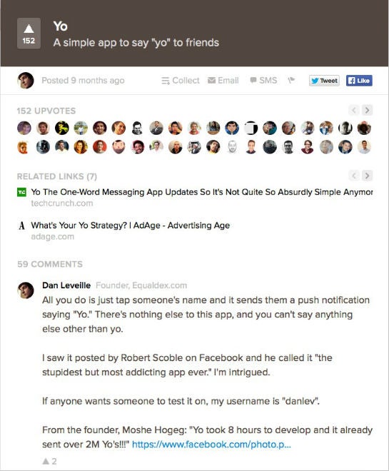 Der erste Post über Yo bei Product Hunt