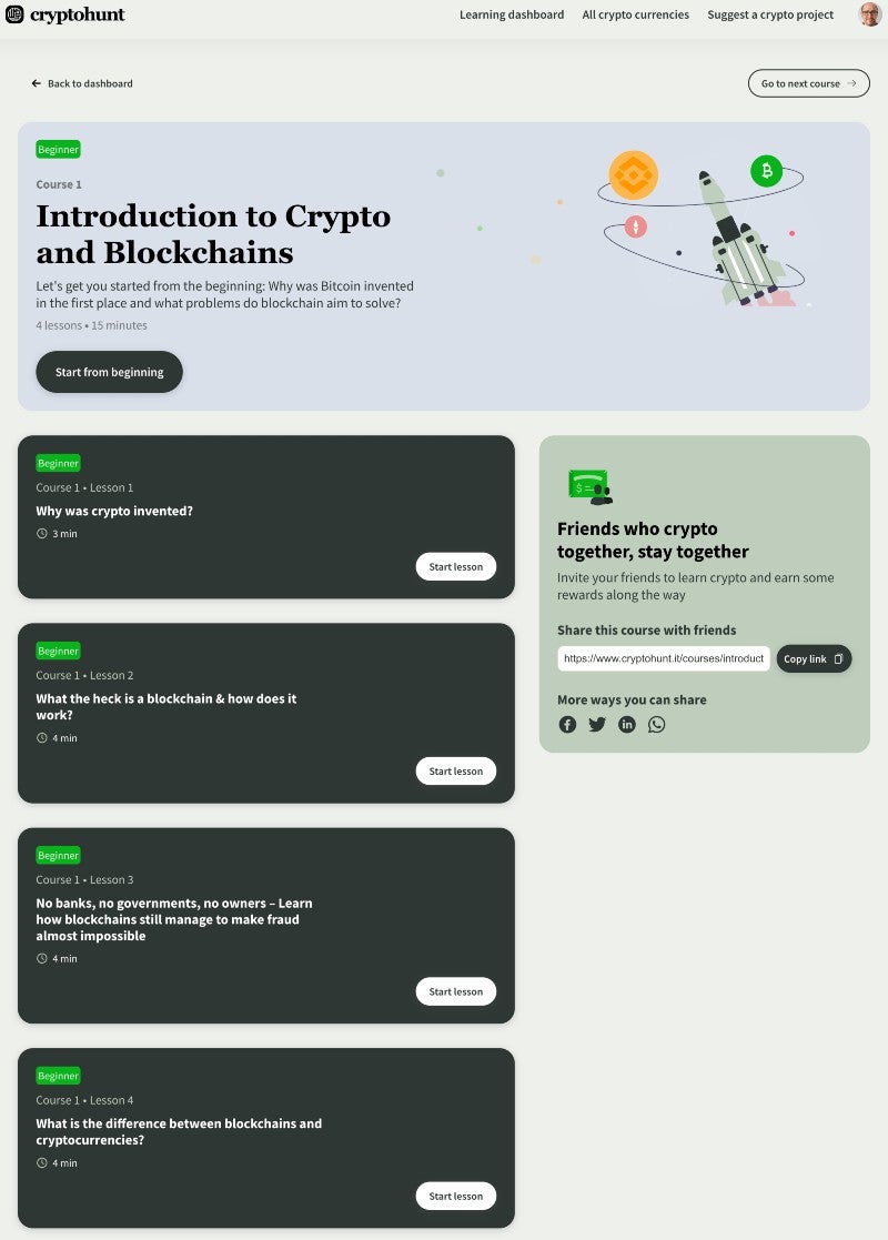 Cryptohunt-Kurse sind in einzelne Lektionen unterteilt