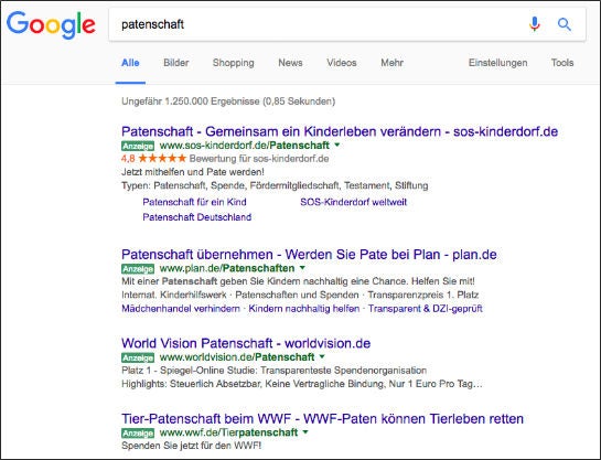 Das Ergebnis einer Google-Suche nach dem Begriff "patenschaft" – auf kleinen Notebooks sind above the fold nur Anzeigen zu sehen