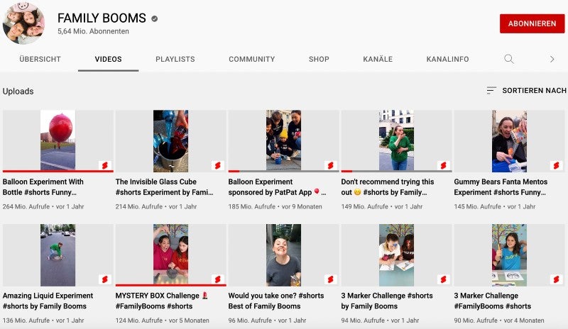 Die am häufigsten abgerufenen Youtube Shorts von Family Booms