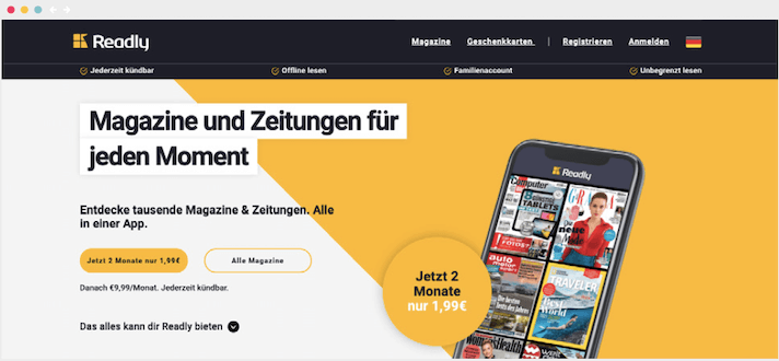 Readly zeigt USPs ganz oben in einer Leiste auf der Landingpage