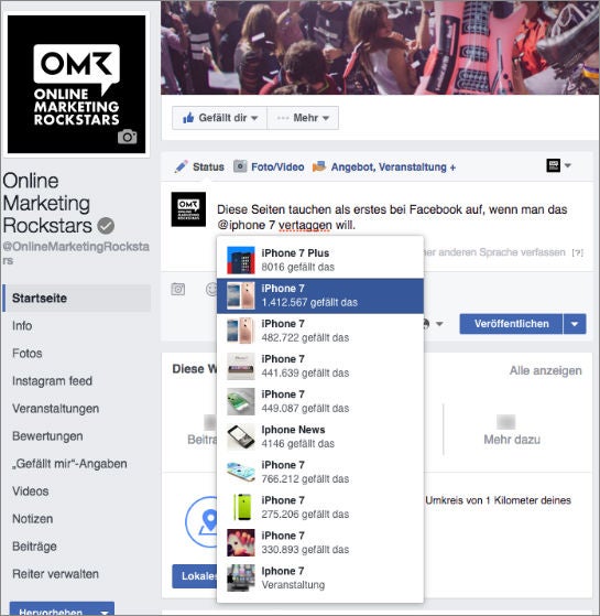 Diese Seiten schlägt Facebook vor, wenn man "iphone 7" markieren will