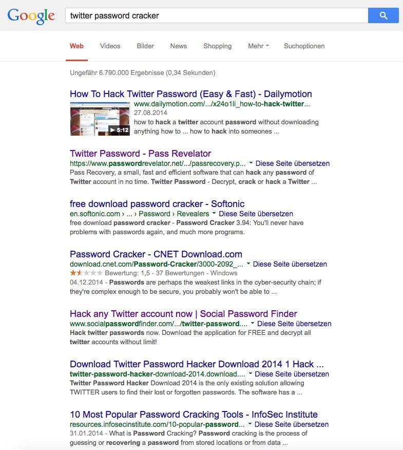 Screenshot einer Suche nach "Twitter Password Cracker" bei Google