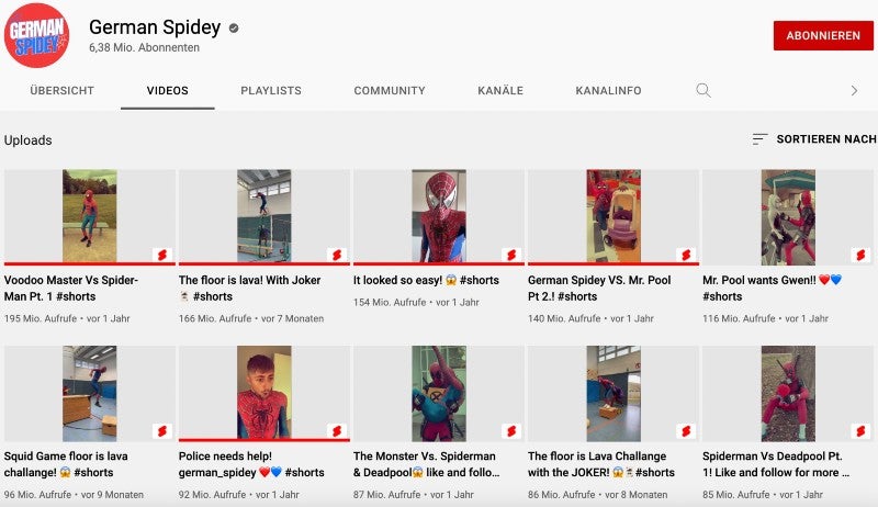 Die am häufigsten abgerufenen Youtube Shorts von German Spidey