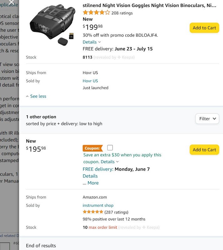 Hier die Buybox, in der das Nachtsichtgerät von zwei Sellern angeboten wird (Screenshot: Paulius Kvedaras)