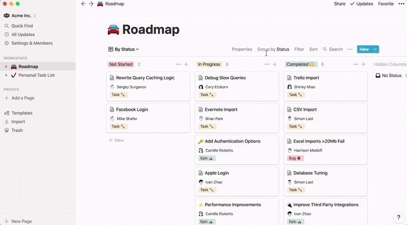 Ein Kanban-Board in Notion, inklusive verschiedener Ansichten