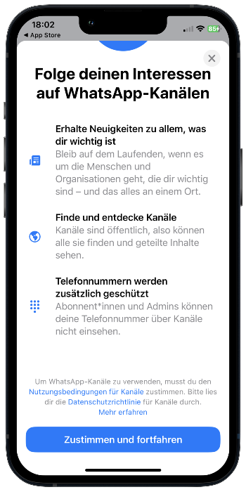 Die Startmeldung zu Whatsapp Kanälen in der App