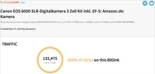 Die Zugriffsstatistik des Affiliate Links zu Dagi Bees Kamera, den die Youtuberin unter ihren Videos platziert