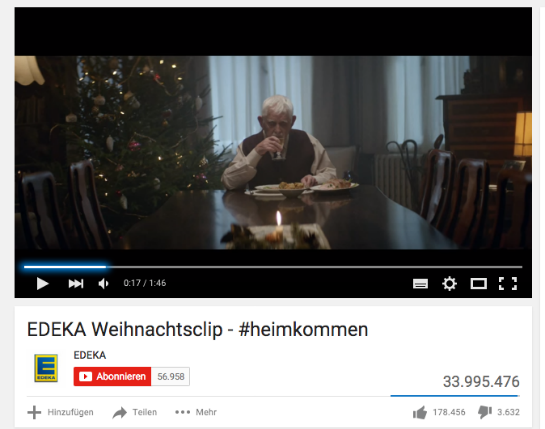Der Edeka-Spot #heimkommen hat mittlerweile knapp 34 Millionen Views bei Youtube.