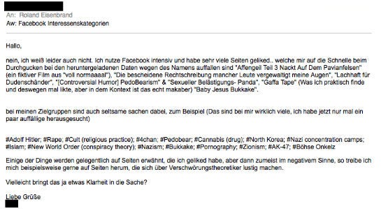 Die E-Mail eines Nutzers, die uns erreichte (Name geschwärzt)