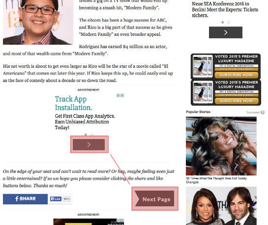 Der Button der Google Adsense-Anzeige und der Button zum Weiterklicken innerhalb der Liste sehen sich auffällig ähnlich. 