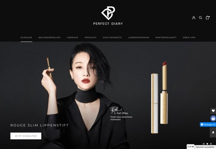 Screenshot der internationalen Website von Perfect Diary. Deren Text wird offenbar automatisch übersetzt. In den Warenkorb gelegte Artikel können bislang allerdings nur in ausgewählte asiatische Länder verschickt werden. 