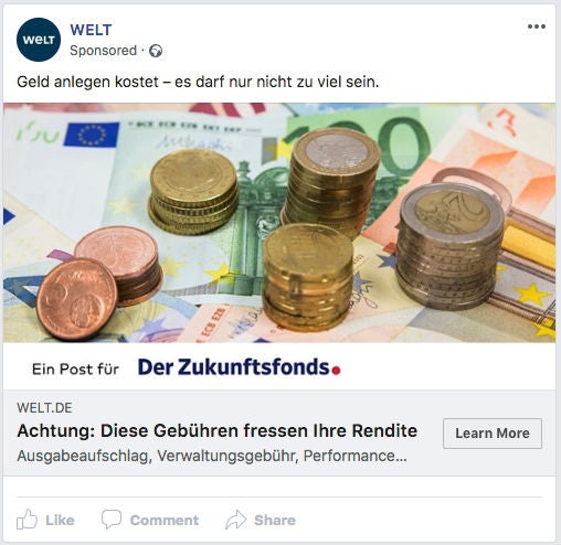 Welt Online Facebook Ad Werbeanzeige OMR Zukunftsfond Zaster