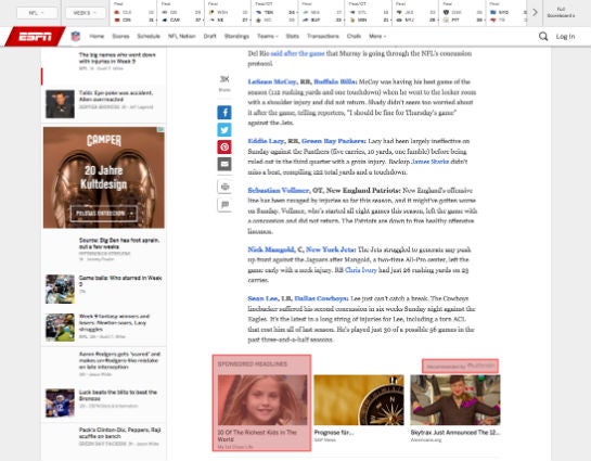 Ein Artikel auf espn.com. Unten drei Content Recommendations von Outbrain. 