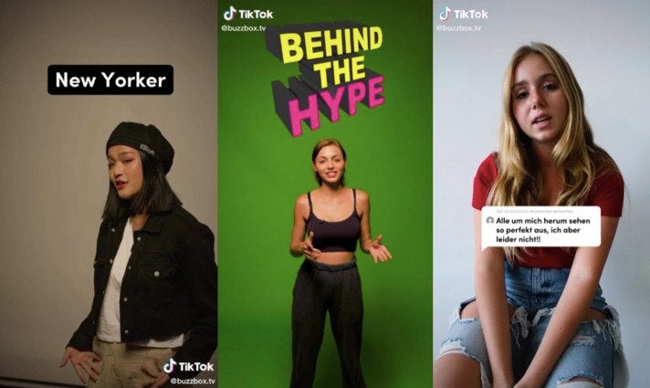 Auf dem Kanal Buzzbox probiert Truemates gerade aus, wie gut sich Infotainment-Formate über Tiktok spielen lassen: Creator erklären ihren Style ("Style Update" oder Phänomene auf der Plattform ("Behind the Hype") und geben Lebenshilfe (v.l.)