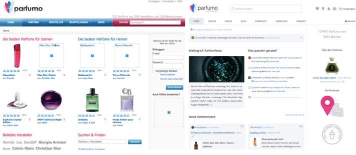 Lieber Evolution als Revolution: Die Parfumo.de-Homepage von 2009 und 2021 im Vergleich