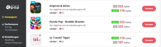 Angebotene Sharepop-Kampagnen: Durchschnittlich zwei Euro gibt es für einen Install.