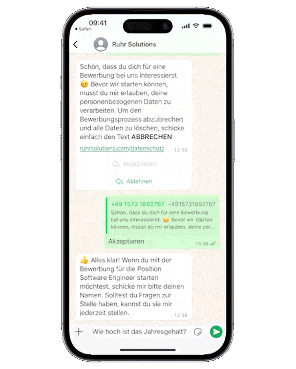 GIF eines WhatsApp-Chats, in denen Fragen zur Bewerbung gestellt und beantwortet werden