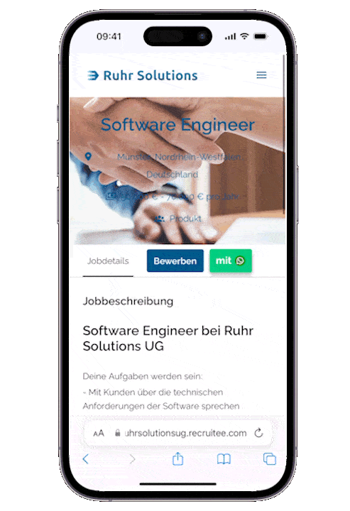 GIF einer Stellenanzeige von Ruhr Solutions, in der ein WhatsApp-Link eingebunden ist