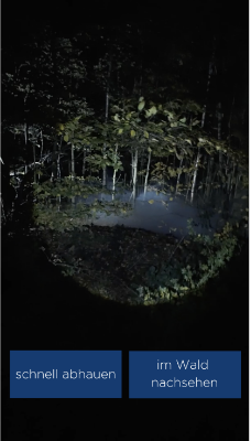 Dunkle Waldszene in Ego-Perspektive mit Taschenlampenschein auf Büsche und Nebel. Zwei Entscheidungsbuttons im Bild: „schnell abhauen“ und „im Wald nachsehen“. Szene stammt aus einem interaktiven Spiel zur Ausbildungsorientierung bei Open Grid Europe GmbH (OGE).