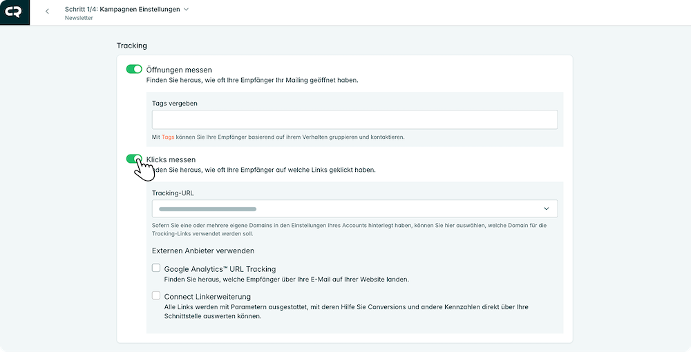 Screenshot der Kampagneneinstellungen fürs Tracking in CleverReach. Hier ausgewählte Optionen: Klicks messen und Öffnungen messen.