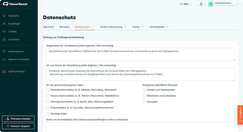 Screenshot 'Vertrag zur Auftragsverarbeitung' in CleverReach mit Auswahlfeldern und Feldern für die Eingabe der zu verarbeitenden Gegenstände.