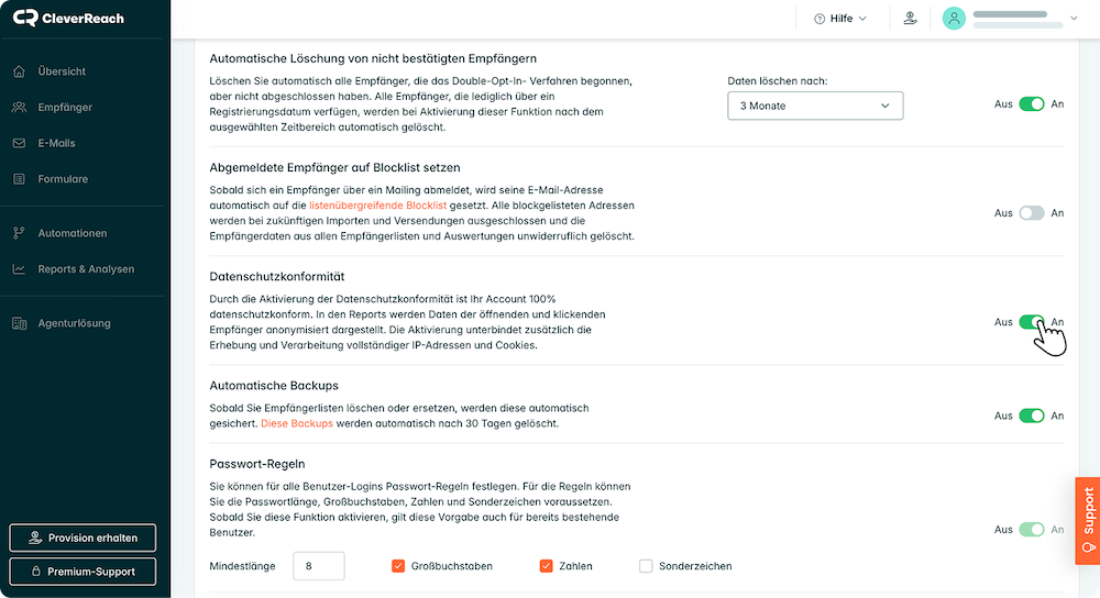 Screenshot der Datenschutzeinstellungen in CleverReach.