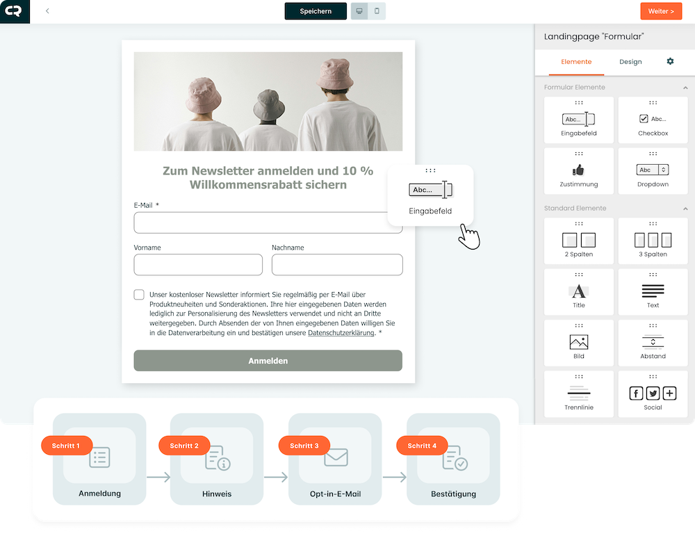 Screenshot des Anmelde-Formular-Editors in CleverReach. Beispiel: Newsletter-Anmeldung mit Pflichtfeld für die E-Mail-Adresse und Datenschutzhinweis