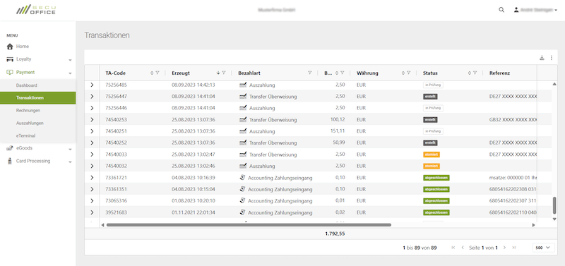 Einblick ins Backend von secupay: Übersicht verschiedener Zahlungen