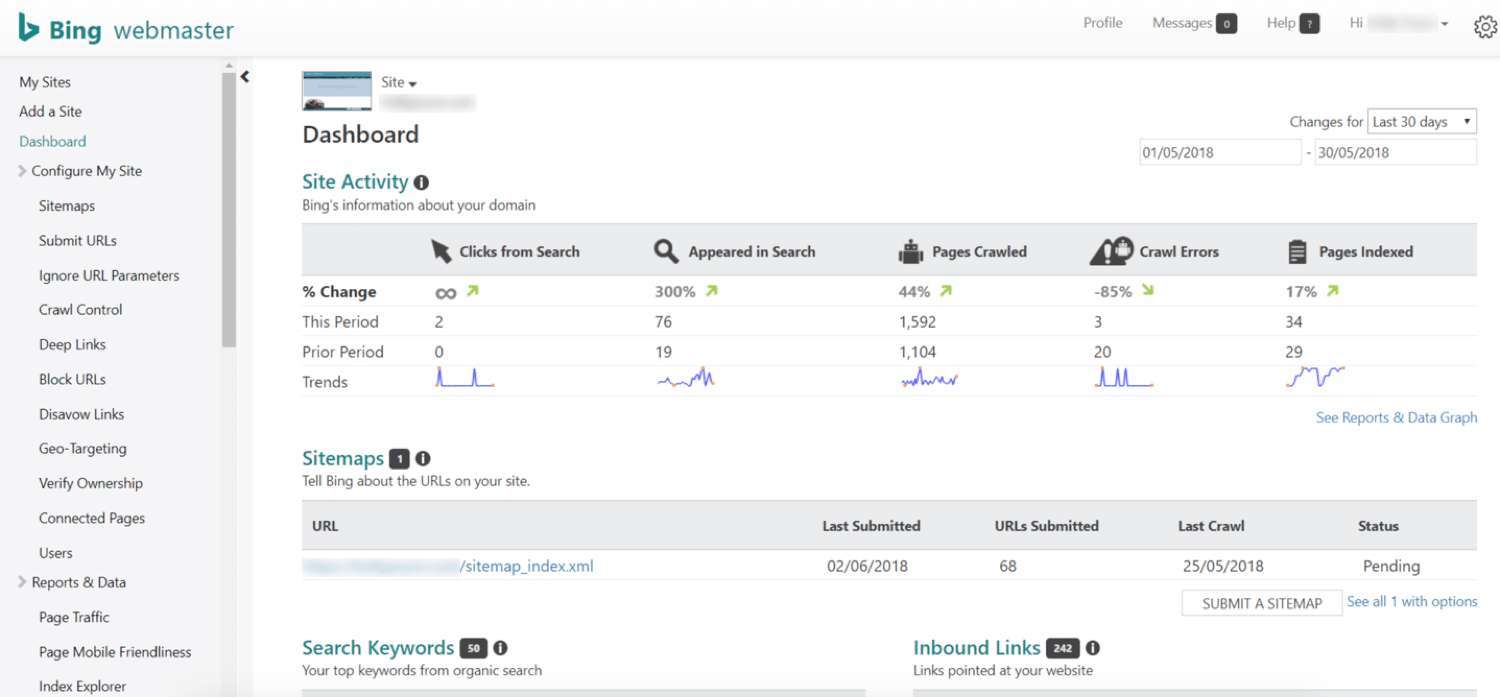 Bing Webmaster Tools Screenshot