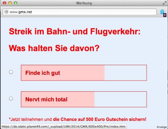 Screenshot: planet49-Popunder bei GMX