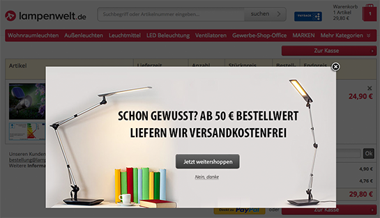 Ein typisches Exit-Intent von Yieldify, was erst erscheint, wenn man mit gefülltem Warenkorb den Shop verlassen will. 