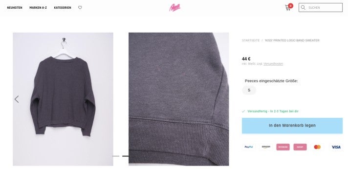Detailseite im Online-Shop von Peeces