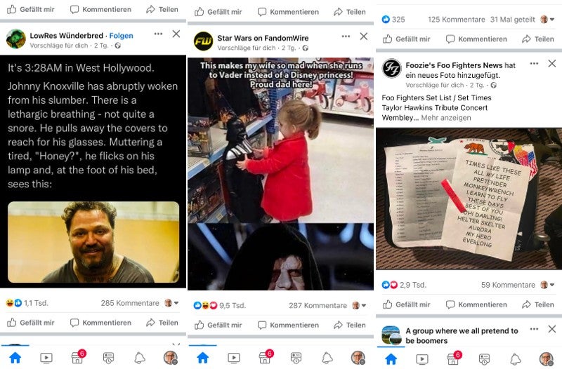 Beispiele von Posts, die mir in meinem Facebook-Feed empfohlen worden sind