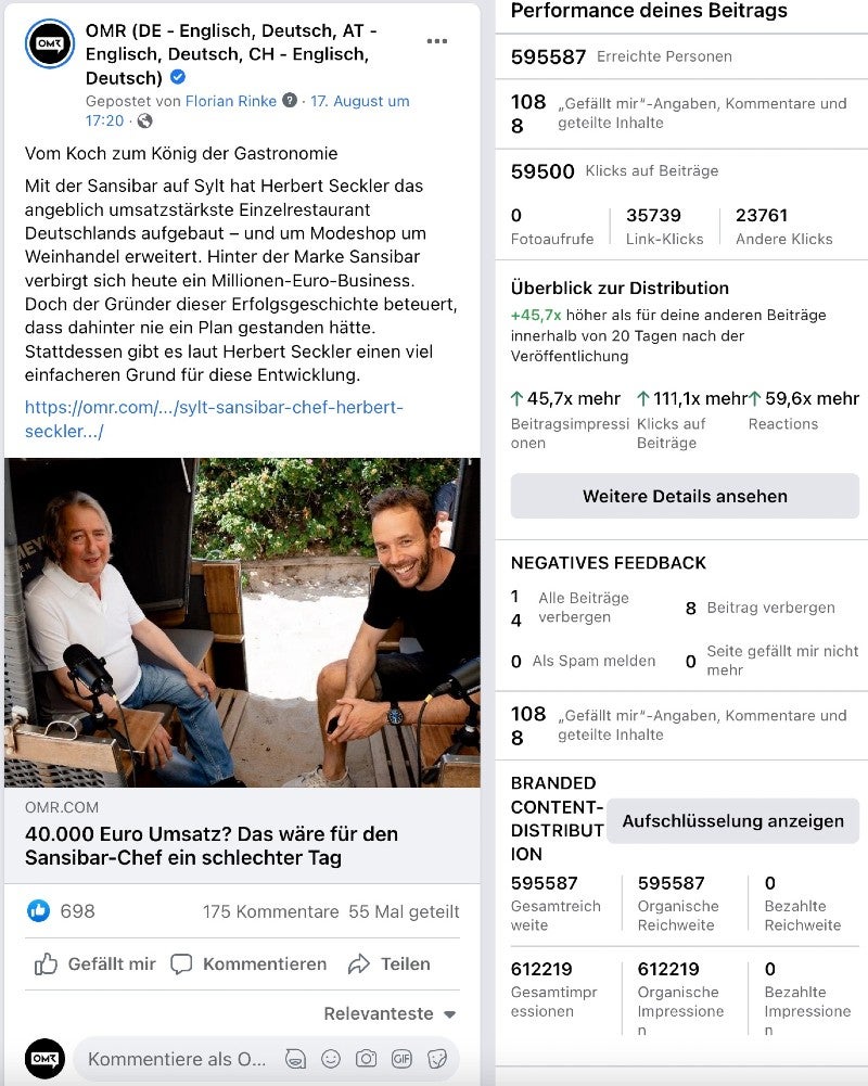 Fast 600.000 erreichte Menschen: Ein Beispiel für einen viralen Post der OMR-Seite auf Facebook
