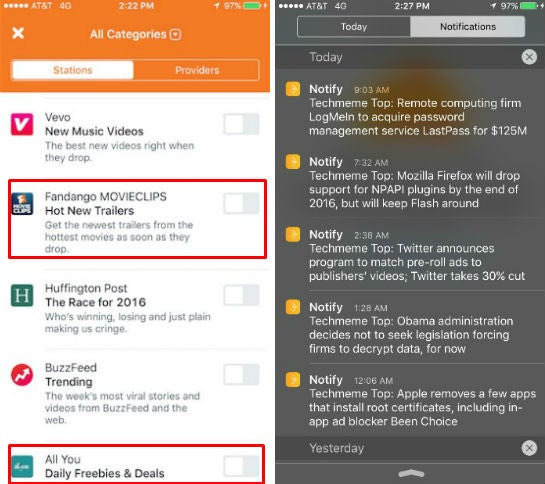 Zwei Screenshot der Benutzeroberfläche von Facebook Notify (Quelle: The Awl)