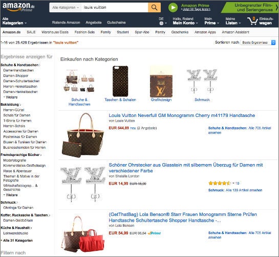 Die ersten drei Ergebnisse bei einer Suche nach "louis vuitton" auf Amazon.de (Screenshot)