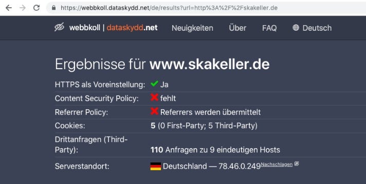 Webbkoll skakeller.de Analyse DSGVO OMR