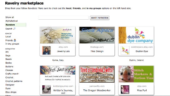Der Marktplatz von Ravelry mit verschiedenen Shop-Angeboten.