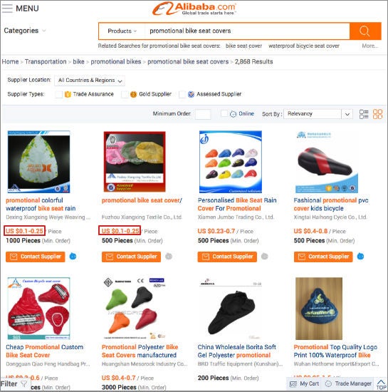 Das Ergebnis einer Suche nach "promotional bike seat cover" auf alibaba.com (bearbeiteter Screenshot)