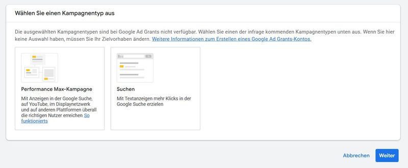 Screenshot Google Grants - eingeschränkte Kampagnentypen