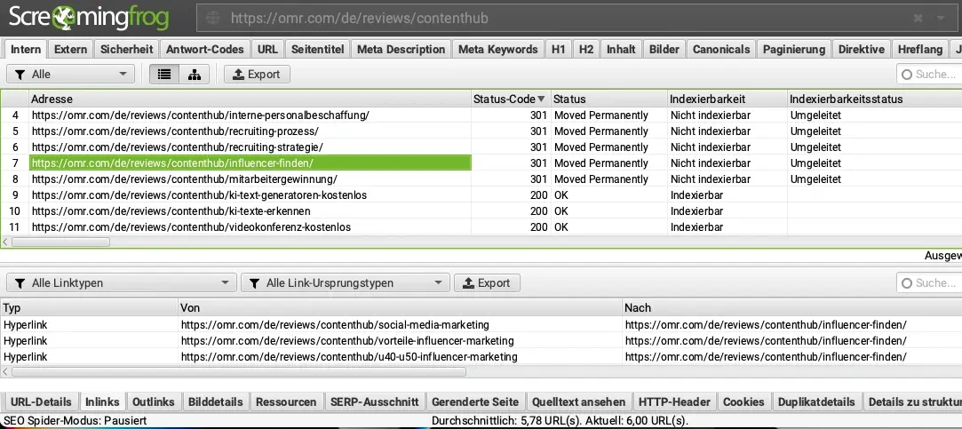 Interne Redirects mit Screaming Frog finden