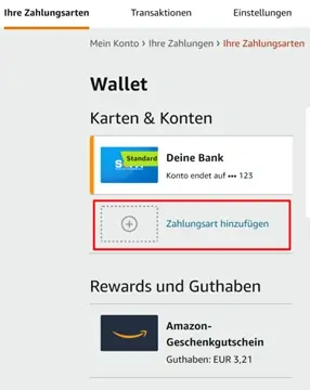 Wallet / Karten & Konten"-Ansicht mit der Option "Zahlungsart hinzufügen"