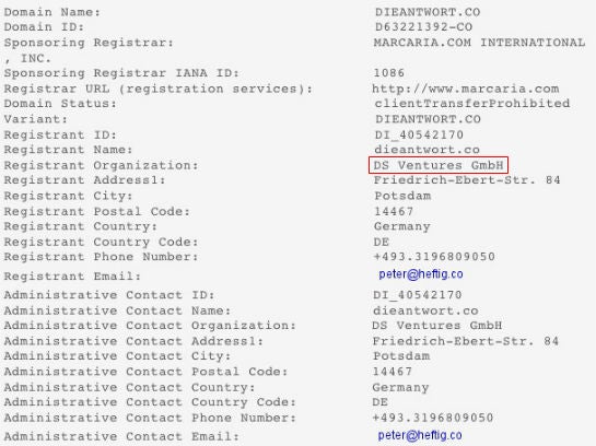 Auskunft von domaintools.com über den Inhaber der Domain dieantwort.co (bearbeiteter Screenshot)